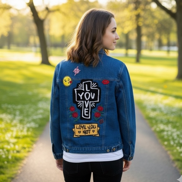✨NEW Limited Edition Stylish Blue Denim oversized Jacket Graphic Patches - Picture 4 of 8